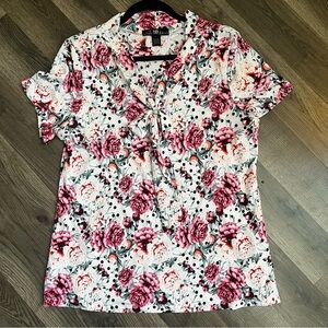 Floral Tie-Front Blouse in Pink and White